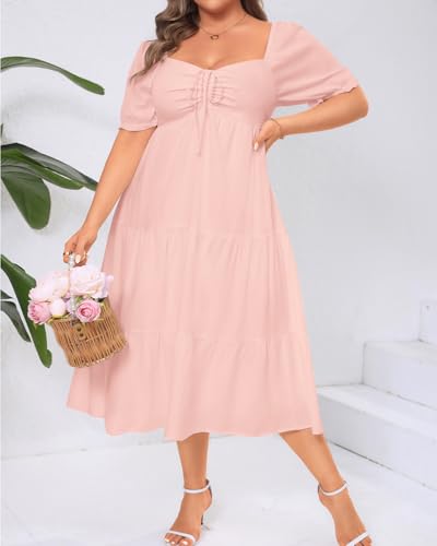 Image of Plus Size Summer Dresses - Sweetheart Neck Drawstring Puff Sleeve Casual Tiered Aline Flowy Midi Dress