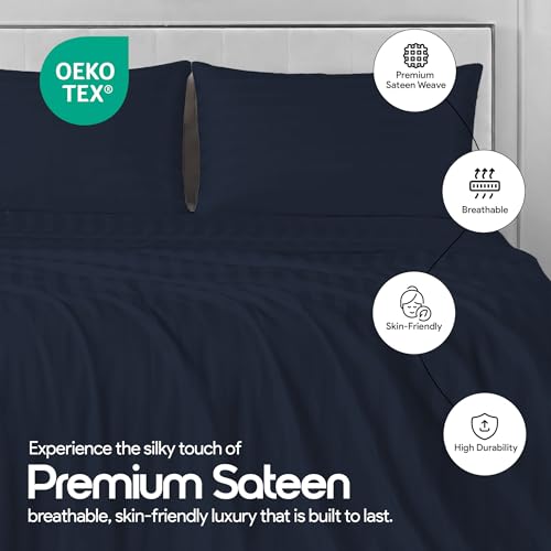 Image of LINENWALAS Cotton 300 Thread Count King Size Bedsheet Set | 2 cm Sateen Stripe Design | Cloud-Soft, Breathable & Skin-Safe | Oeko-TEX Certified Hotel-Style Bedding (108 x 108, Navy Blue)