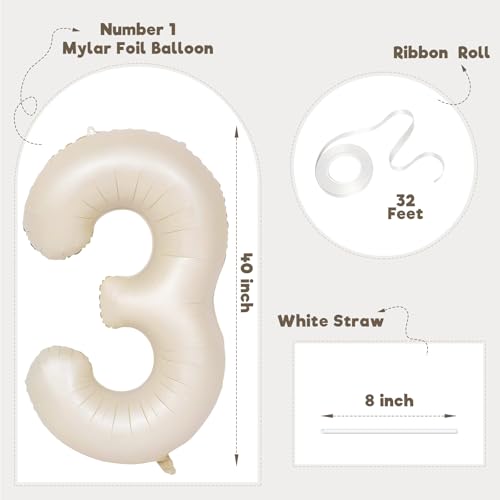 Image of Number Balloons for Birthday Decorations - 40 Inch Large Party Balloons 3, Cream Foil Number Balloons for Boys Girls, Balloons for Party Supplies