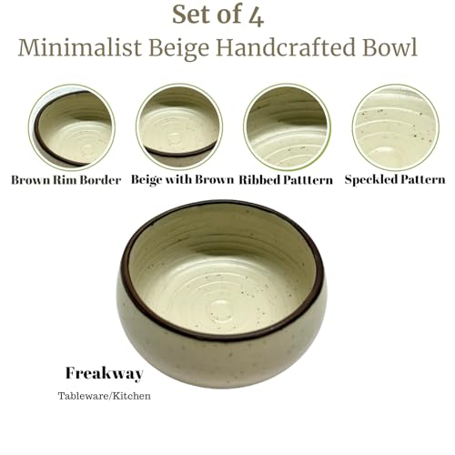 Image of Freakway Handcrafted Speckled Ceramic Bowl - 150 ml | Minimalist Beige with Brown Rim-Set of 4