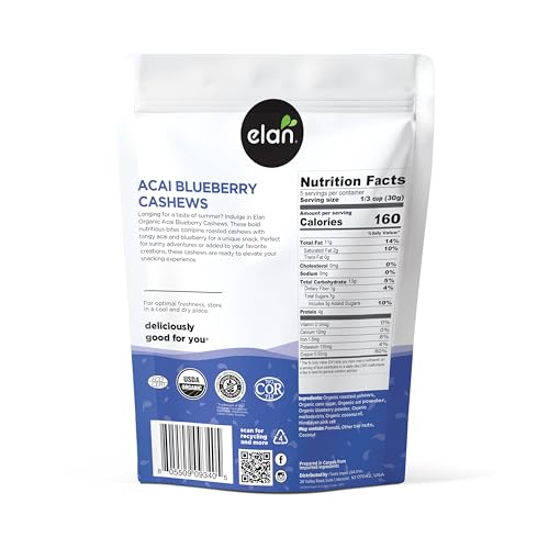 Image of Elan Organic Acai Blueberry Cashews, Non-GMO, Vegan, Gluten-Free, Kosher, Glazed Nuts (Roasted Cashews, Acai Berry Powder, Blueberry Juice Powder), Superfood Infused Nuts, 8 pack of 5.3 oz