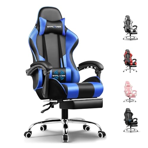 GTPLAYER #1USA Ergonomic Gaming Chair with USB Massage Cushion, Footrest & Armrests ? PU Leather Computer Video Game Desk Chair with Adjustable Lumbar Support & Headrest (GCC, Blue)
