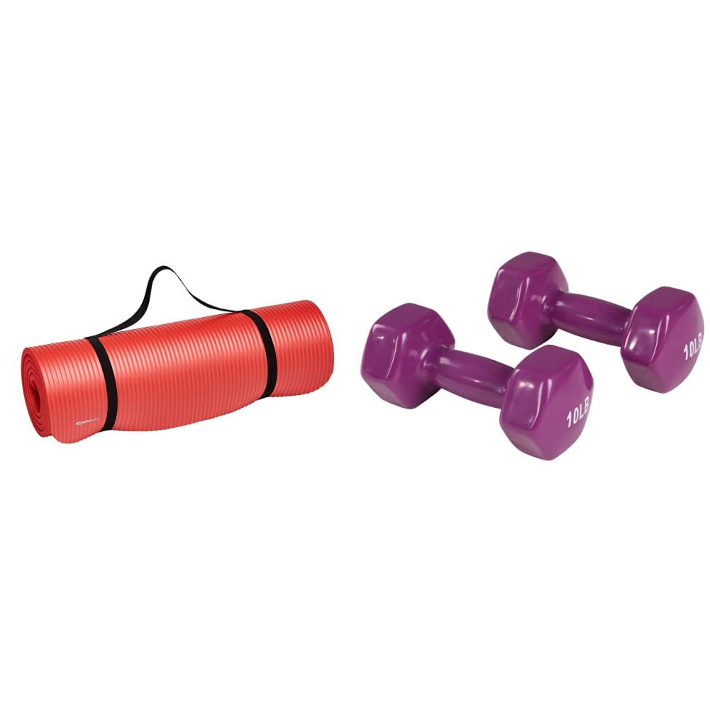 AmazonBasics 13mm Extra Thick Yoga Mat with Carrying Strap, Red & Vinyl