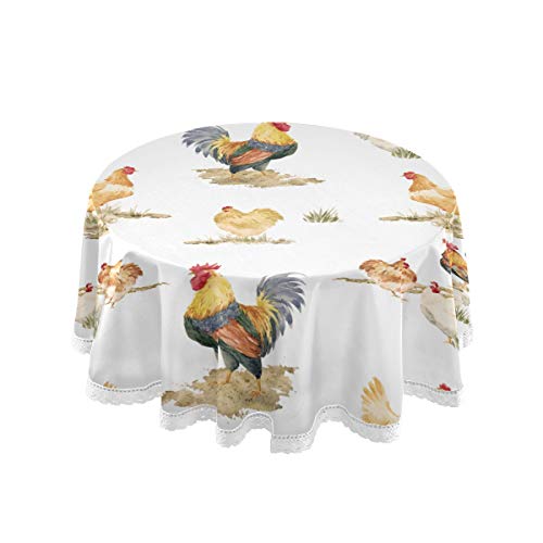 Dallonan Table Decoration For Party Watercolor Rooster Round Table Cloth, Lovely Chicken Polyester White Lace Tablecloth Round Table 60 Inch For Dinner Table Decortion #TOP8
