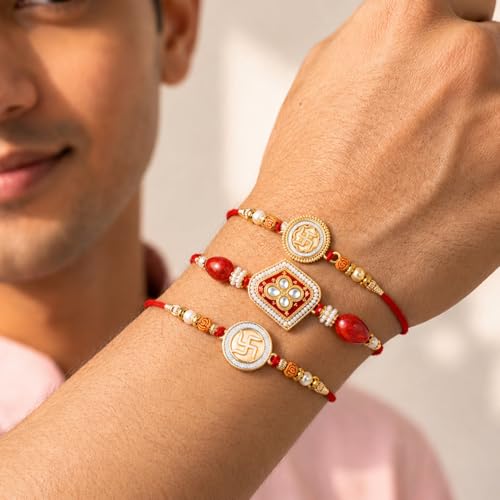 Image of Peora Rakhshabandhan Thread Rakhi for Brother Bhaiya | Crystals & Kundan Studded | Combo, Set of 3 | Rakhi Hamper with Roli Chawal & Greeting Card