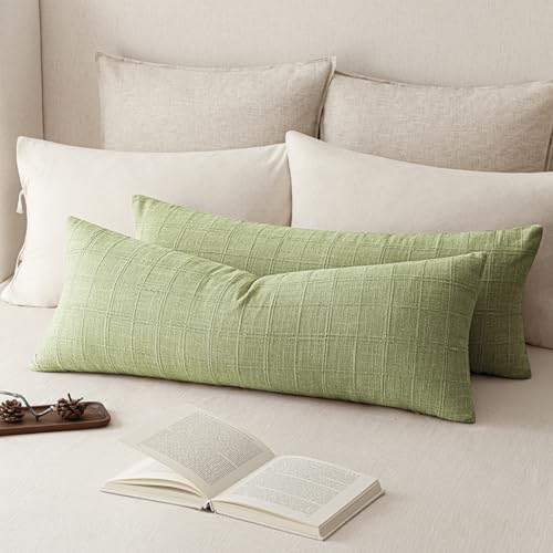 Image of Foindtower Set of 2 Decorative Linen Check Throw Pillow Covers Neutral Farmhouse Vintage Cushion Covers Cozy Modern Boho Accent Home Decor for Sofa Chair Couch Bed Living Room,14x36 Inch,Light Green