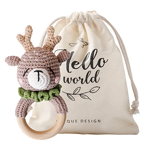 Image of Wooden Baby Rattle Lovely Crochet Elk Ring Rattle & Teething Ring, Newborn Animal Rattle Toys, Baby Toys for Baby and Infant, Brown Elk