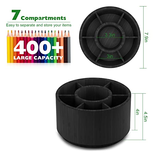 Bamboo Rotating Pencil Holder For Desk - Pen Holder Desk Organizer With 7 Compartments, Black Office Supplies Desktop Storage Caddy For Colored Pencils, Markers, Crayon, Comestics And Cutlery #TOP1