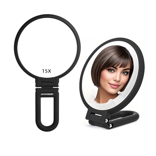 Stianiiie 1X 15X Handheld Mirror with Handle for Travel， Magnifying Mirror, Rotation Adjustable Handle, Double Sided Folding, Mirror for Women for Eyes Makeup Travel Table Desk Shaving