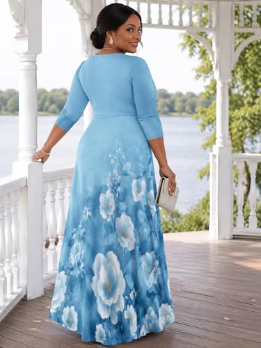 Image of SUZONANA Plus Size Dresses for Women Floral Print Maxi Dress Flowy 3 /4 Sleeve with Belt
