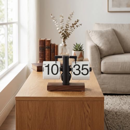 Reloj de escritorio abatible retro de mesa mecánico vintage con base de madera 4