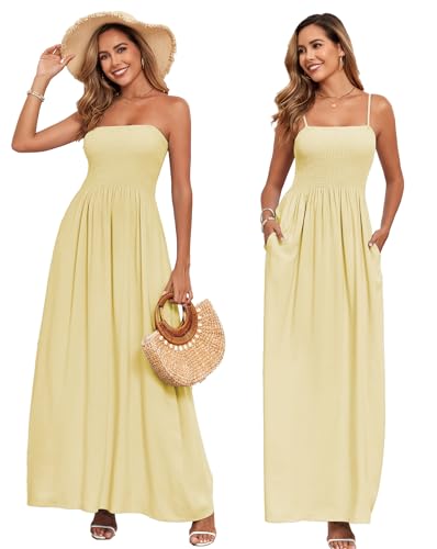 Image of Aigeman Women Detachable Strap Dress Strapless Smocked Bodice Maxi Dress Pockets Long Swing Flowy Beach Sundress 373