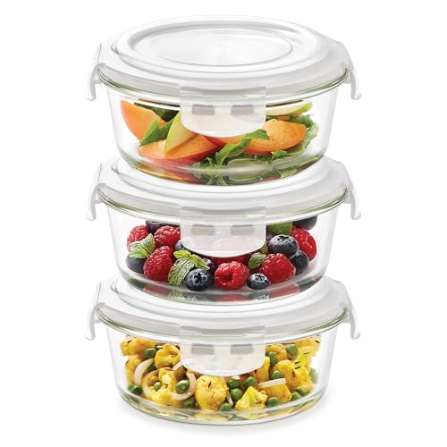 Image of Borosil Klip n Store (950ml x 3) Round Glass Food Storage Container Set with Air Tight Lid | Borosilicate Glass Container for Lunchbox | Microwave & Dishwasher Safe | Transparent