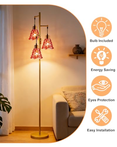 Image of Lightdot 67 inch Glass Floor Lamps for Living Room, 3-Light Dimmable Floor Lamp with Rose Red Glass Shade& Bulbs Included, Mid Century Standing Tall Lamp with 5Lbs Heavy Base for Bedroom /Sofa Beside-Gold
