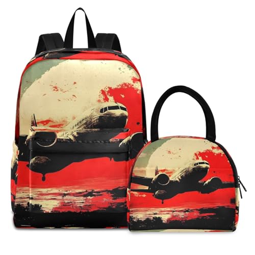 Plane Sunset Print Backpack Set with Lunch Bag, Large Capacity Travel Backpacks and Lunch Box Insulated for Commute Hiking Picnic