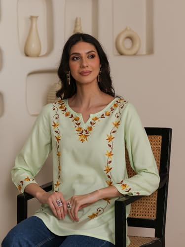 Image of QAZMI Women Kashmiri Aari Embroidered A-Line Viscose Rayon Short Kurti with Full Sleeves