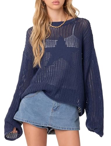 CORIRESHA Women's Fashion Star Boat Neck Long Sleeves Oversized Knit Sweaters Cover Up