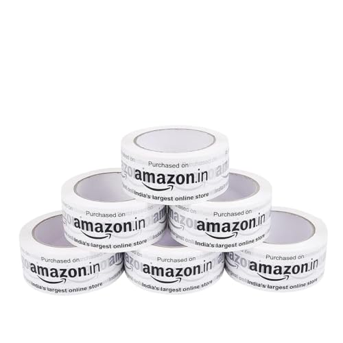Image of Amazon.in Printed Packing Tape | Pack of 6 | 2 Inch x 65 Meter, Strong Adhesive, White BOPP Material, Tear-Resistant, Moisture-Proof, Ideal for E-Commerce, Office