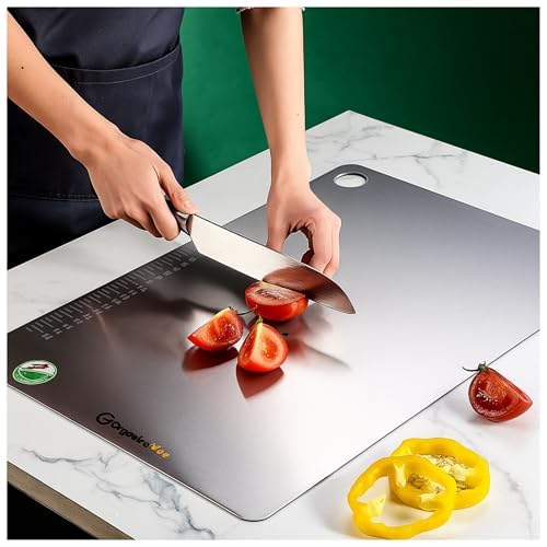 Image of OrganizeMee Extra Large Stainless Steel Chopping Board (45CM X 31CM) with Anti-Skid Silicon Pad, Metal Cutting Kitchen,Heavy Duty Chopping-Board Vegetable,Meats Vegetable Chopper Boards, Safe Durable