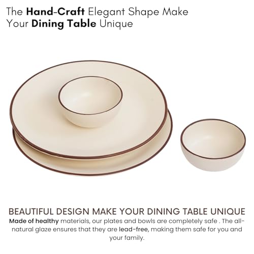 Image of Freakway Hand Painted Ceramic Dinner Set of 4 Pcs | 2 Stoneware Dinner Plates (10.6 Inch) and 2 Bowl /Katori (3.93 Inch and (170 Ml) | Microwave & Dishwasher Safe - Ivory White
