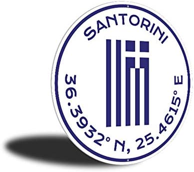 Santorini Coordinates Sign, Greece Flag Sign, Greece Decorative Aluminum Sign - 12" Circle