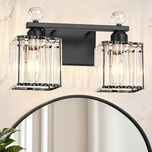Image of Lxybcce Modern 14In 2-Lights Bathroom Vanity Light, Crystal Bathroom Light Fixtures, Black Vanity Light Fixtures Over Mirror, Easy Installation & Shadow-Free Illumination for Bathroom Mirror Decor