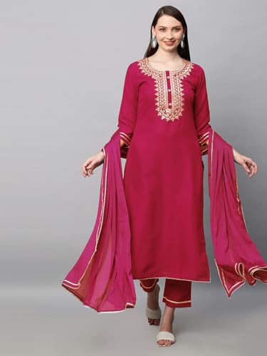 Image of GoSriKi Women's Cotton Blend Straight Embroidered Kurta with Pant & Dupatta Set (Dhati-GS)