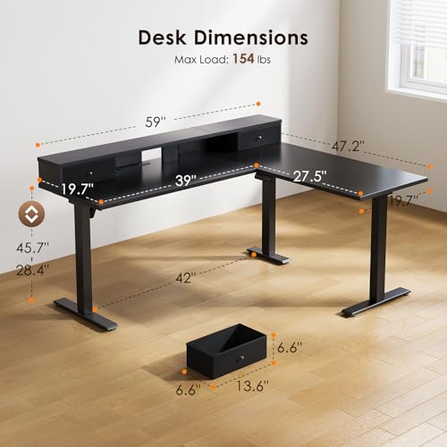 Image of Casaottima 59 Inch Electric L-Shaped Standing Desk with Drawers, Height Adjustable Stand Up Corner Desk with Monitor Stand, Lift Table for Home, Office, Workstation, Black