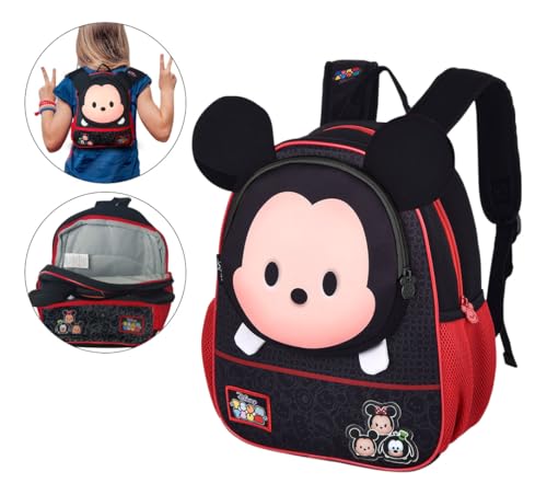 Mochila Escolar Infantil Mickey Mouse Disney Tsum Tsum, Alça de Costas Acolchoada, Preto/Vermelho