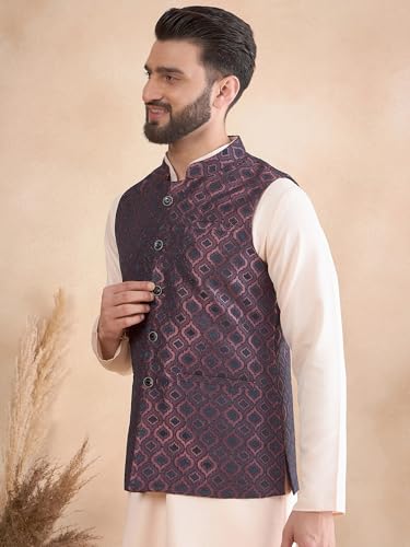 Image of Amazon Brand - Tavasya Mens Woven Design Mandarin Collar Nehru Jackets | Sleeveless Jacket | Ethnic Wear