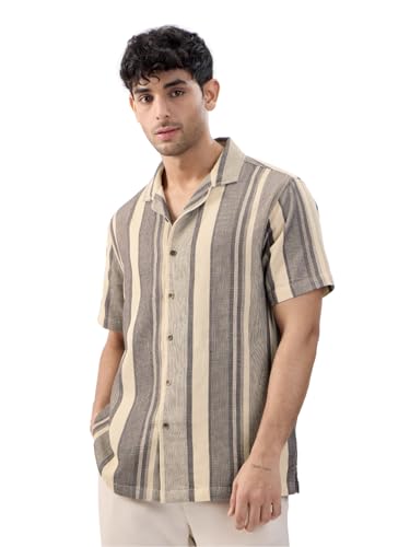 Image of The Souled Store Stripes: Men and Boys Long Sleeve Collared Neck Button Down Cotton Textured Shirts for Men
