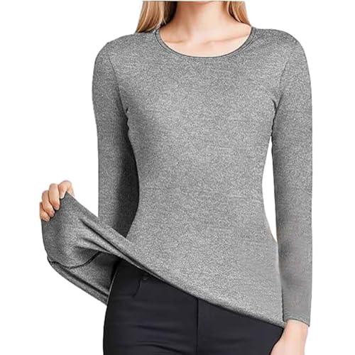 Camiseta interior térmica para mujer, manga larga, lisa, térmica, manga larga, cuello redondo, jersey, camiseta base, camiseta de esquí para mujer, gris, L