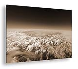 Fabriqué en Allemagne Vue sur le monde – Tableau aérien des Pyrénées : sépia, format 100 x 70 cm, motif monté sur cadre en bois véritable, impression numérique de haute qualité, pas de poster ni d\'affiche.