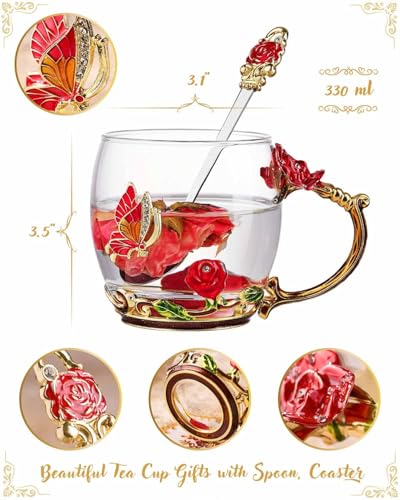 Image of Enamel Flower Glass Coffee Mugs & Tea Cup Set with Steel Spoon | Luxury Butterfly Design Tea Cups for Women, Mom, Wife | Unique Personalized Gifts for Birthday, Mother's Day Valentine's Day