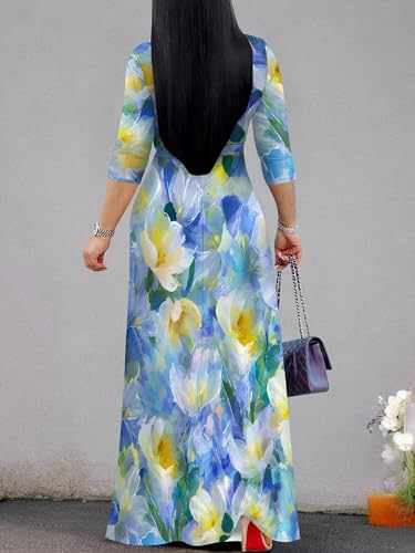 Image of Women's V Neck Floral Maxi Dress 3 /4 Sleeve Plus Size Boho Wrap Flowy Long Dresses with Belt