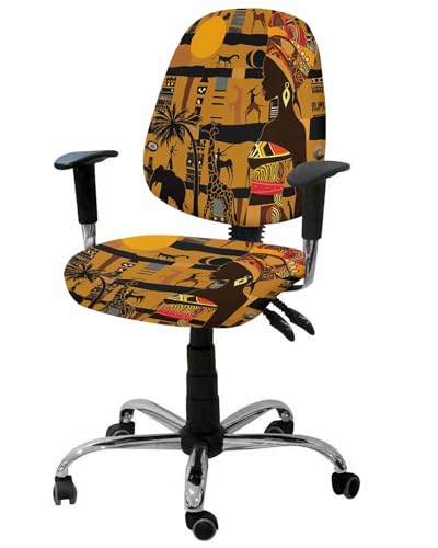 Brown Boho 2 Pieces Computer Office Chair Covers Set,Stretchable Desk Rotating Chair Seat Cushion Slipcover Back Covers,Black African Female Animals Palm Tree Ethnic Slipcover Back Cover Protector