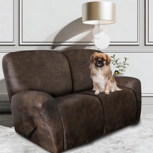 Image of ANARACHON Leather Look Loveseat Recliner Covers Stay in Place 6-Piece Recliner Sofa Slipcover 2 Seater Reclining Couch Cover Furniture Protector Spandex Fabric Washable (Recliner Loveseat, Brown)