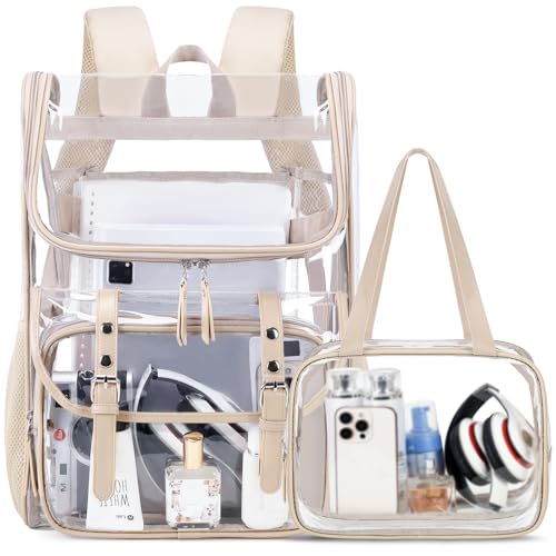 Image of DIGOBAY Clear Backpack with Lunch Bag, Leather Clear Bookbag Heavy Duty | Thick PVC Clear Backpack for Girls Women See Through Transparent Backpacks for Stadium Events College Travel Work, Khaki