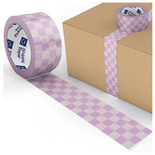 Cute Lavender Purple Decorative Printed Packaging Tape, Checkerboard Pattern Packing and Shipping Tape for Small Business Packaging Supplies, Heavy-Duty 2.6mil, 1.88