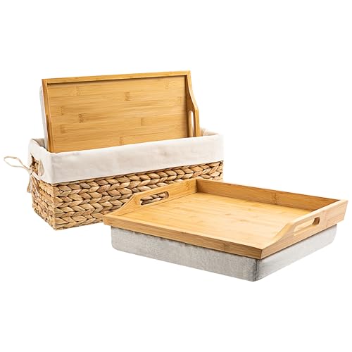 ROSSIE HOME Bamboo Wood Bed Tray, Lap Desk - Set of Two - with Hyacinth Storage Basket - Natural -