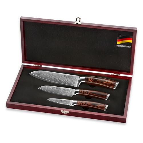 Comparison: Best Damascus Chef Knife Set 5 Wakoli EDIB 3-Piece Chef Knife Set | Damascus Kitchen Knives | Genuine Damascus Steel Blades with VG10 Core | Ergonomic Pakkawood Handles | Professional Knife Set in Wooden Gift Box