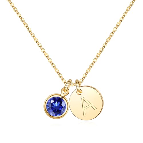Hidepoo Birthstone Necklaces for Women - Sapphire Birthstone Personalized Gifts for Her Wife Mom Sister September Jewelry for Women Dainty Disc Initial A Necklace