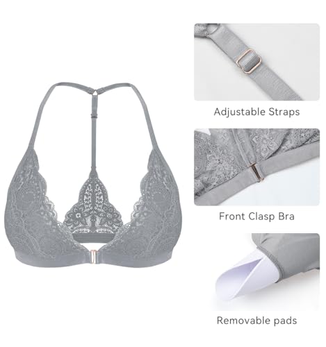 Image of SHEKINI Women's Embroidered Triangle Bra Front Closure Plunge Wireless Lightly Lined Lace Bralette Top