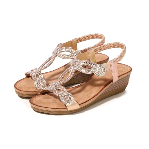 Women's Wedge Sandals Summer Comfortable Casual Bohemian Rhinestone Platform Outdoor Beach Shoes