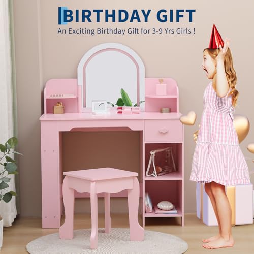 Garvee Kids Vanity with Lighted Mirror & Stool, Little Girls Vanity with Adjustable LED Light, Bookshelf, Storage Drawer & Shelves for Girls 3-9, Pink