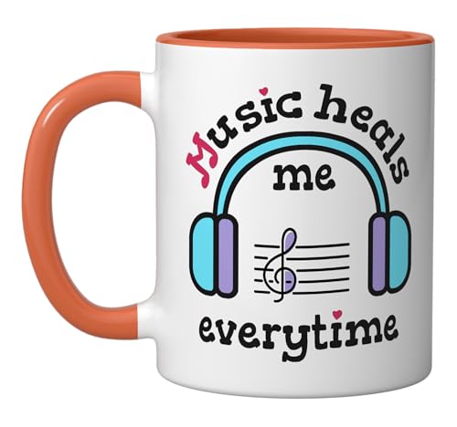 Music Heals Me Everytime Headphones Music Lover Ceramic Mug, Orange/White