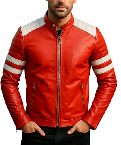 III-Fashions Men's Fight Hybrid Mayhem Brad Retro Biker White Stripes Synthetic Leather Motorcycle Coat, Red - Mayhem Jacket, Medium