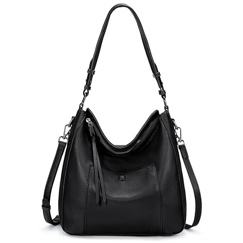 YALUXE Women's Genuine Leather Shoulder Bags Medium Size Handbags Purses with Front Magnetic Pocket, Detachable Dual Straps