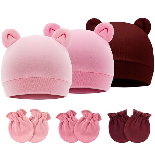 Image of BQUBO Newborn Baby Hats Mittens Set Hospital Hat Beanie Bear Ears Preemie Infant Cotton Caps Gloves No Scratch Mittens for Baby Boys Girls 0-3 Months