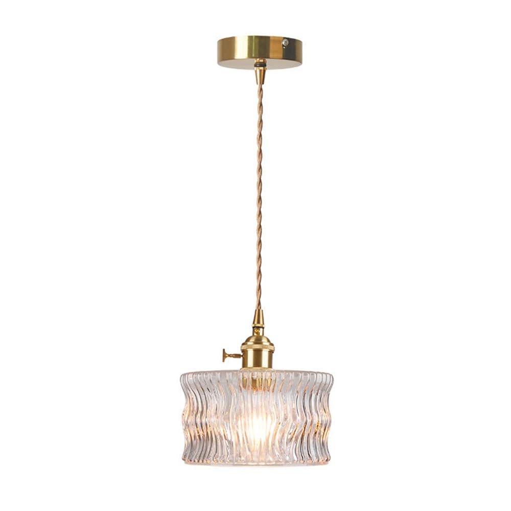 NHPJFDC Mid-Century Modern Ribbed Glass Kitchen Island Pendant Light, 6.5-Inch Brass Gold Canopy Ceiling Hanging Lamp, E26 Base for Dining Room Bedside Bar 59.1" Cord Lighting Fixtures